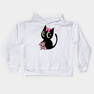 Cute black cat holds a teddy bear Kids Hoodie